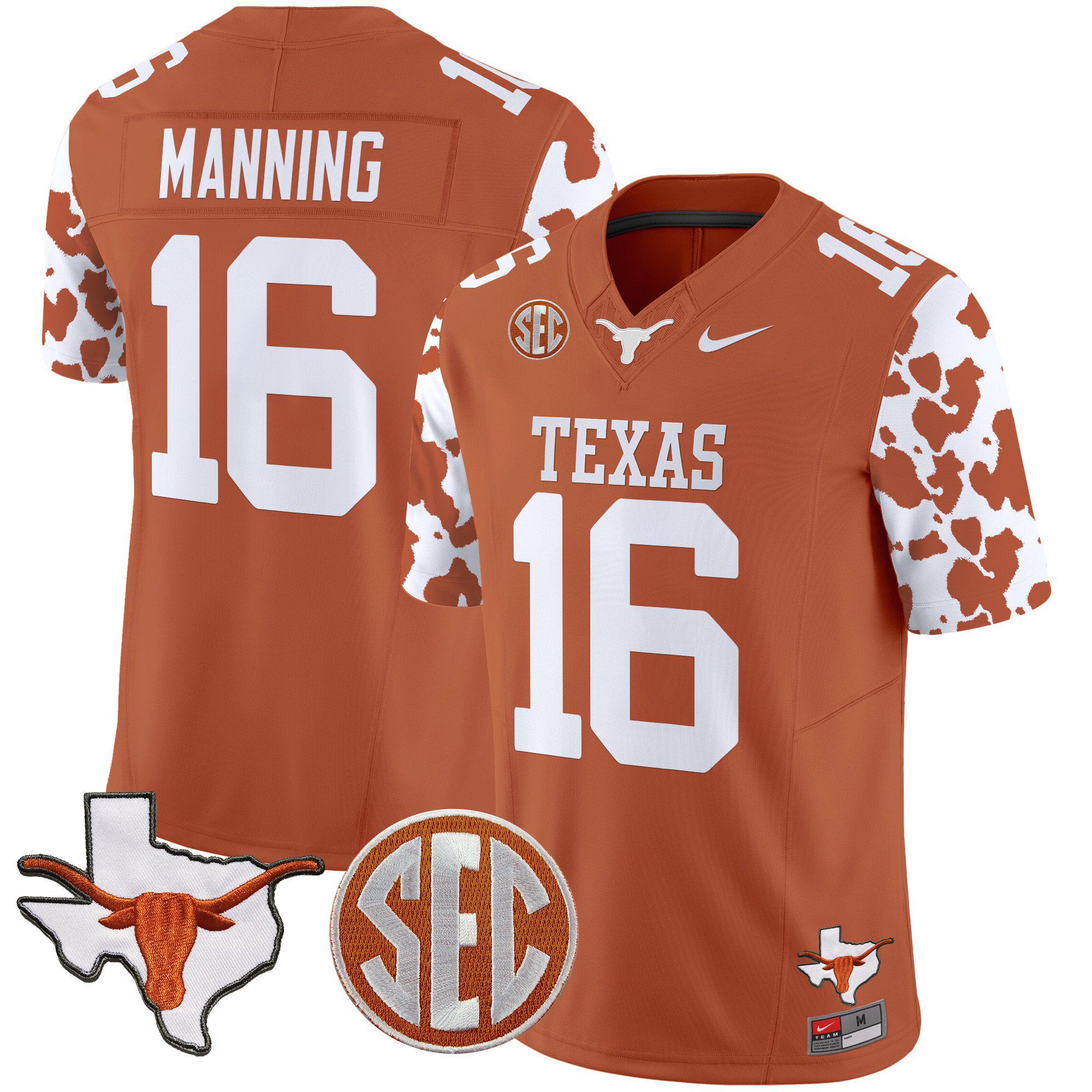 Men Texas Longhorns #16 Manning Orange 2024 Nike Cow Spots Vapor Limited NCAA Jersey